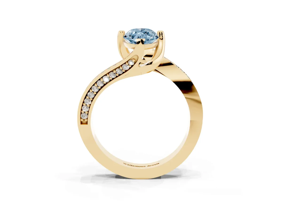 Fancy Blue Marquise Cut Solitaire Diamond Twist Band with Pavé Setting and Four-Prong Setting Yellow gold