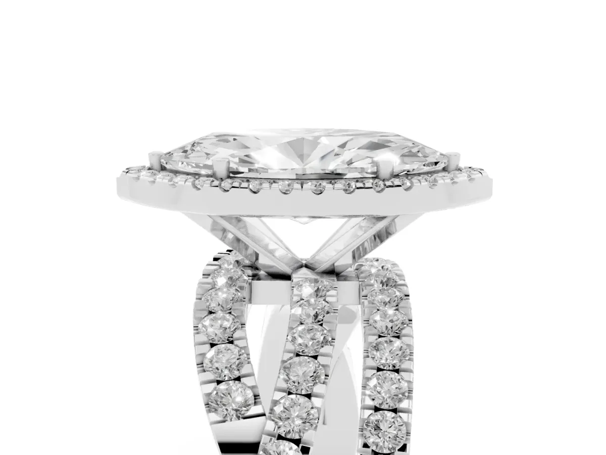 Marquise Cut Diamond Halo Ring with Round Split Shank and Prong Setting Silver