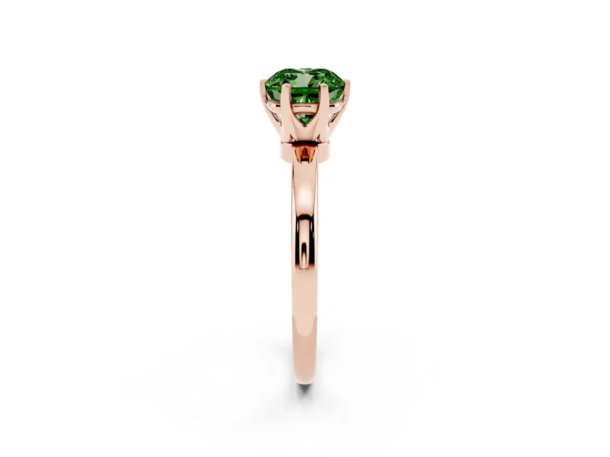 Fancy Green Cushion Cut Solitaire Diamond Ring with Six-Prong Setting on a Classic Band Rose gold
