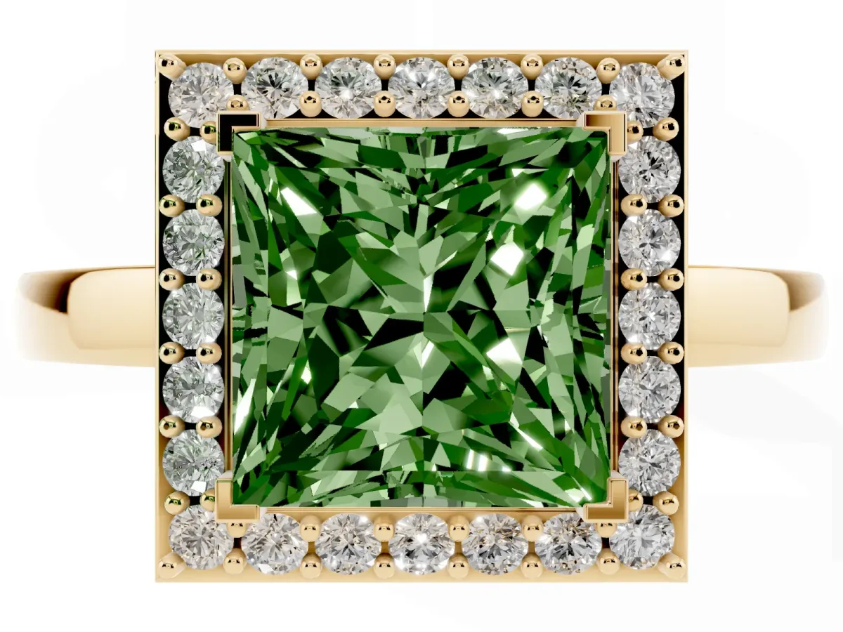 Fancy Green Princess Cut Halo Diamond Ring with Solitaire Band and Prong Setting Yellow gold