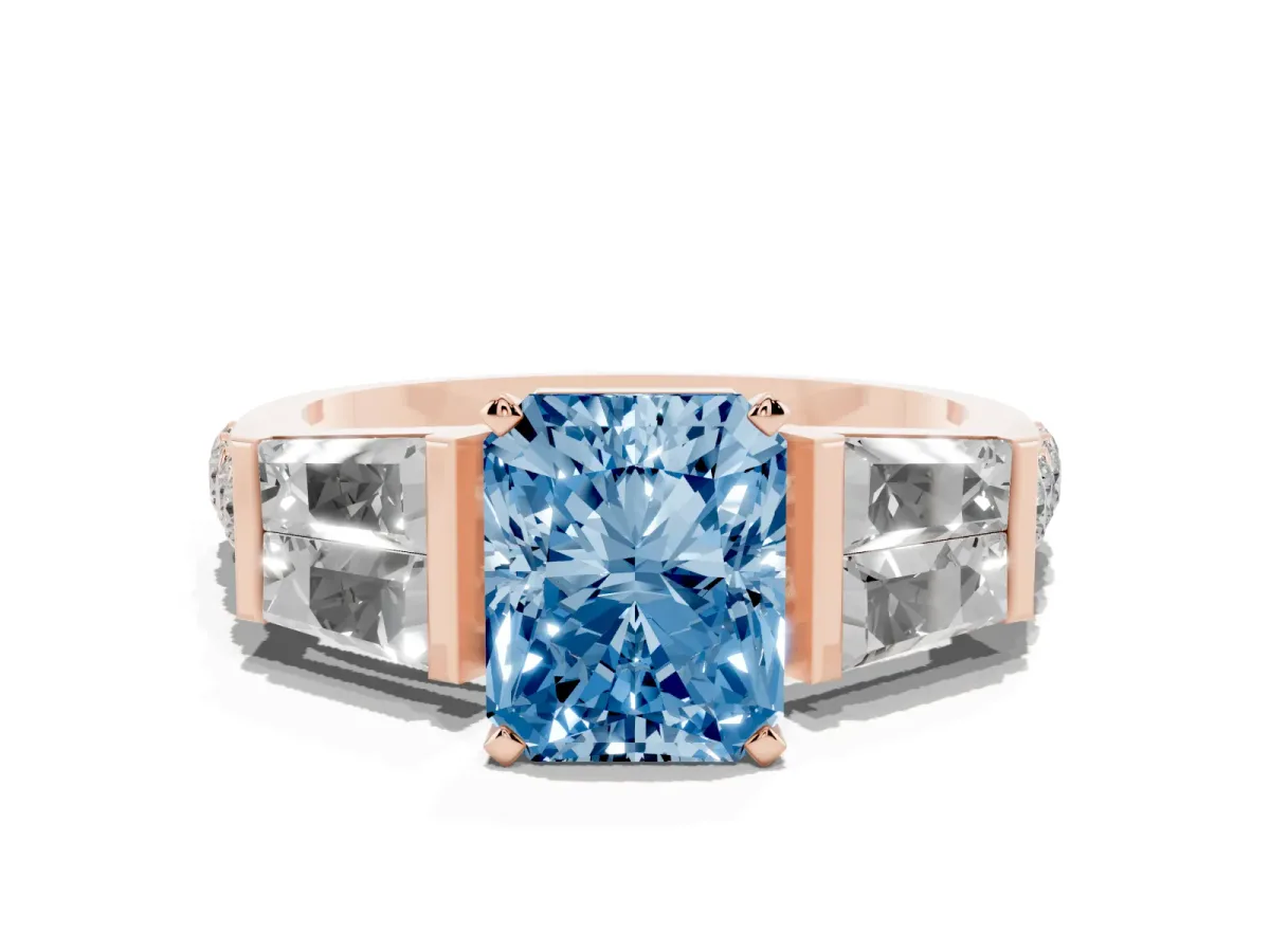 Fancy Blue Radiant Cut Diamond Engagement Ring with Baguette Side Stones and Channel Set Band Rose gold