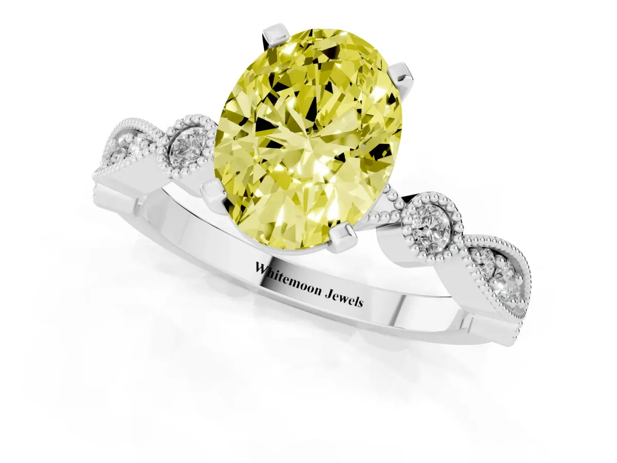 Fancy Yellow Oval Cut Milgrain Bezel Diamond Engagement Ring with Solitaire Prong Setting Platinum