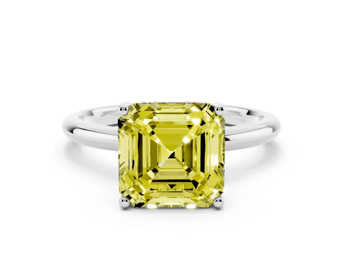 Fancy Yellow Asscher Cut Cut Solitaire Engagement Ring with Four-Prong Setting and Classic Band Silver