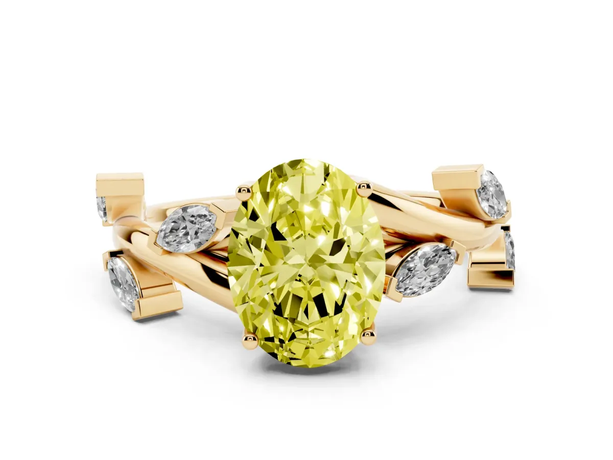 Fancy Yellow Oval Cut Solitaire Twisted Band Marquise Accent Prong Setting Ring Yellow gold