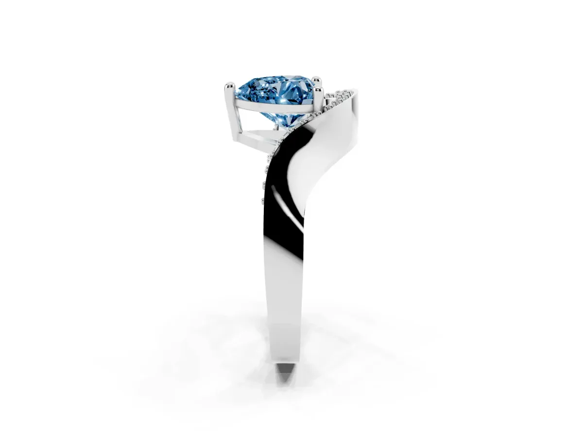 Fancy Blue Heart Cut Solitaire Diamond Engagement Ring with Pave Band and Four-Prong Setting Silver