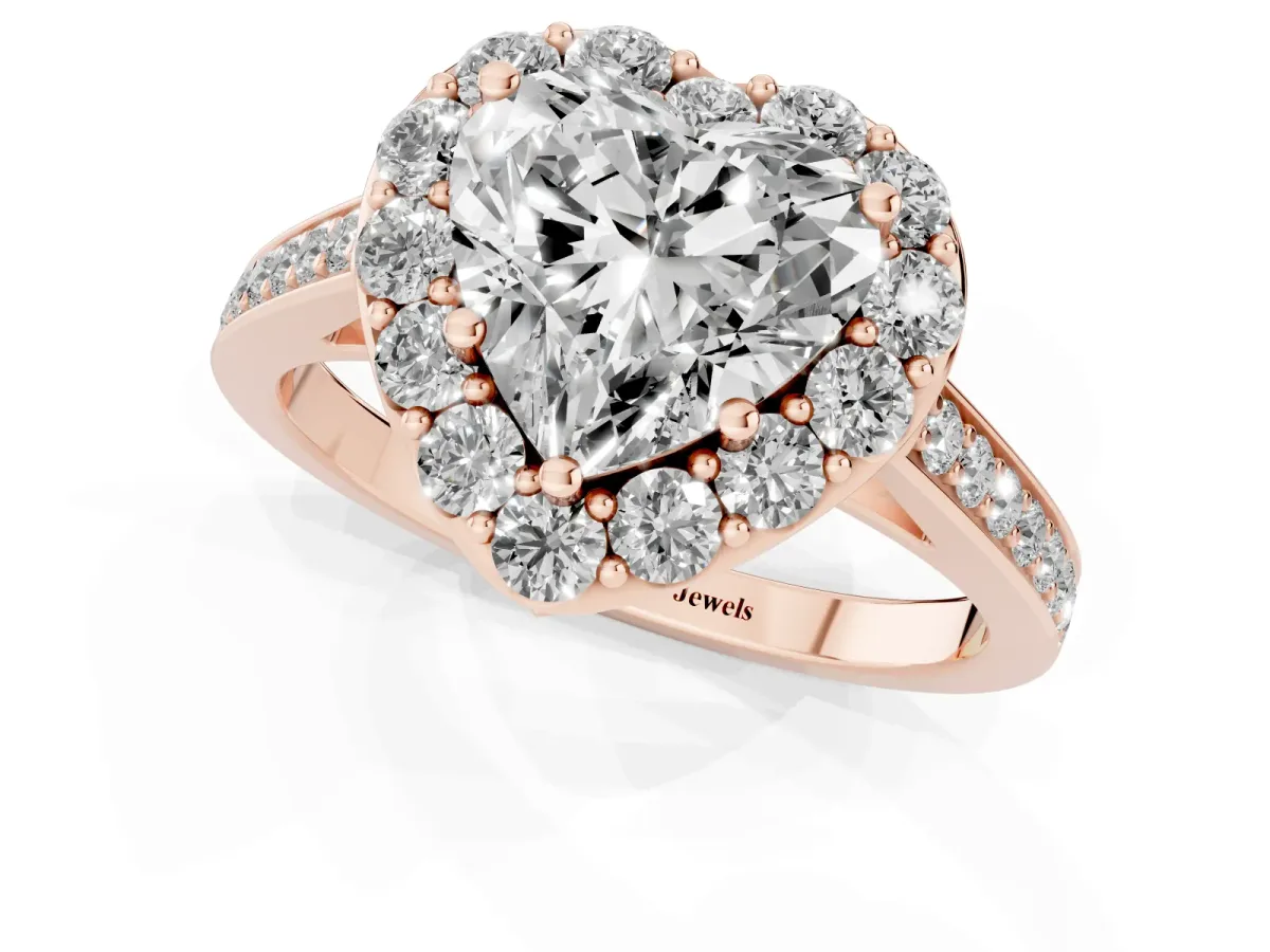 Heart Cut Diamond Floral Halo Ring with Pavé Band and Prong Setting Rose gold