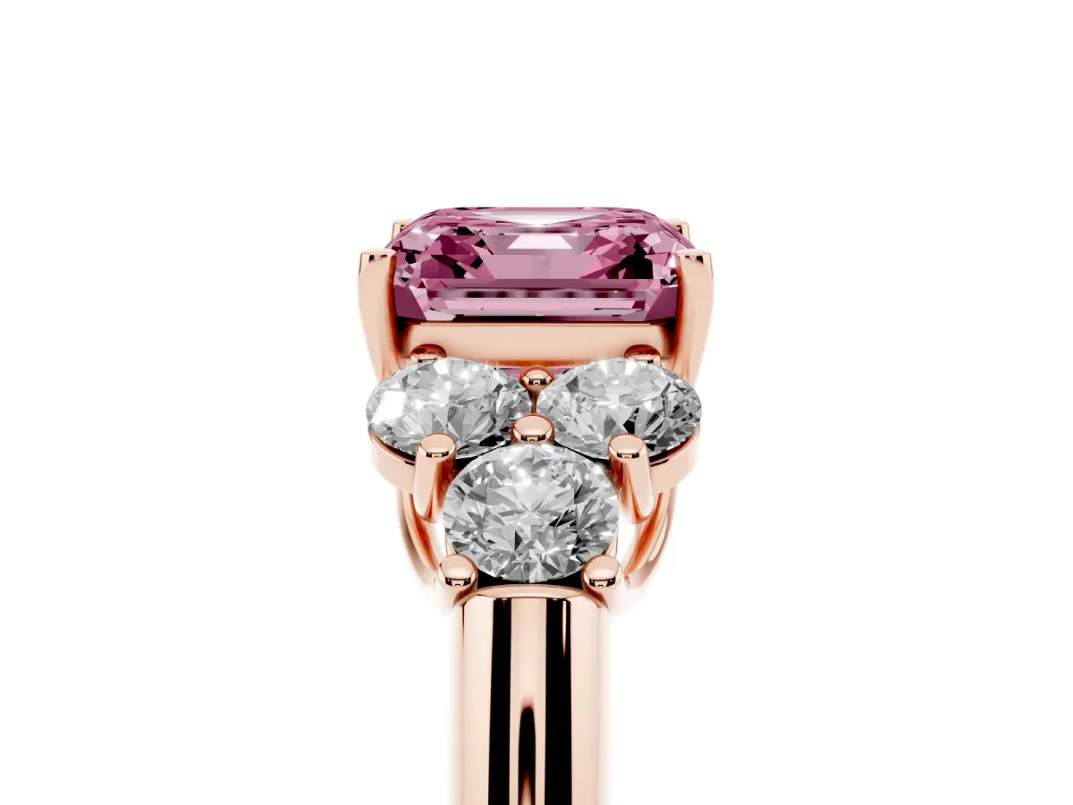 Fancy Pink Asscher Cut Cut Diamond Cluster Ring with Round Accent Stones and Prong Setting on a Classic Band Rose gold