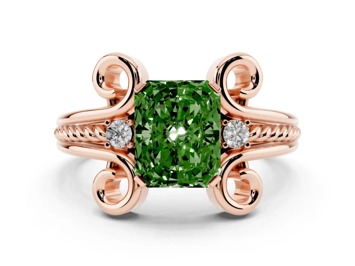 Fancy Green Radiant Cut Solitaire Twisted Band Scroll Prong Ring Rose gold