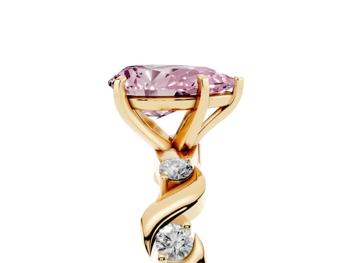 Fancy Pink Pear Cut Diamond Solitaire Twisted Band with Round Accents and Prong Setting Yellow gold