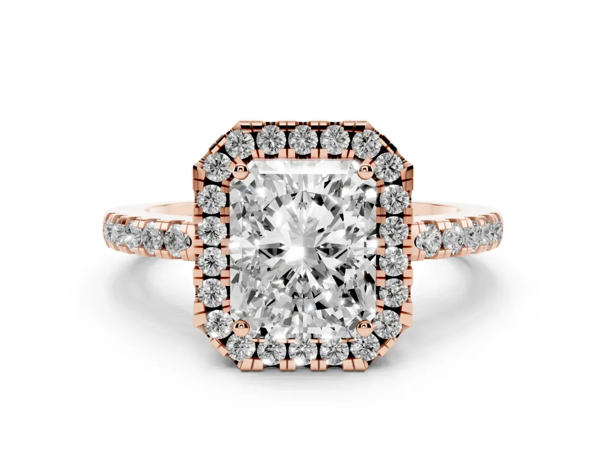 Radiant Cut Halo Diamond Engagement Ring with Pavé Band and Four-Prong Setting Rose gold