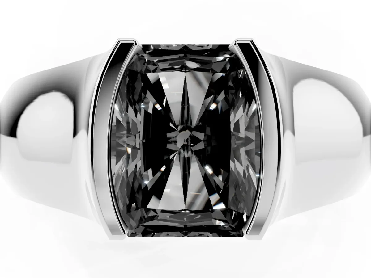 Fancy Black Radiant Cut Solitaire Bezel Set Diamond Ring with Wide Band Platinum