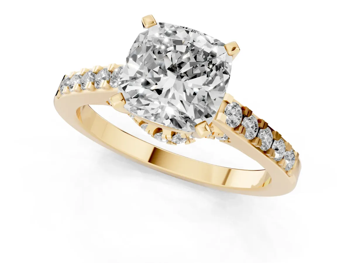 Cushion Cut Diamond Solitaire Ring with Crossover Gallery and Round Pavé Band Yellow gold
