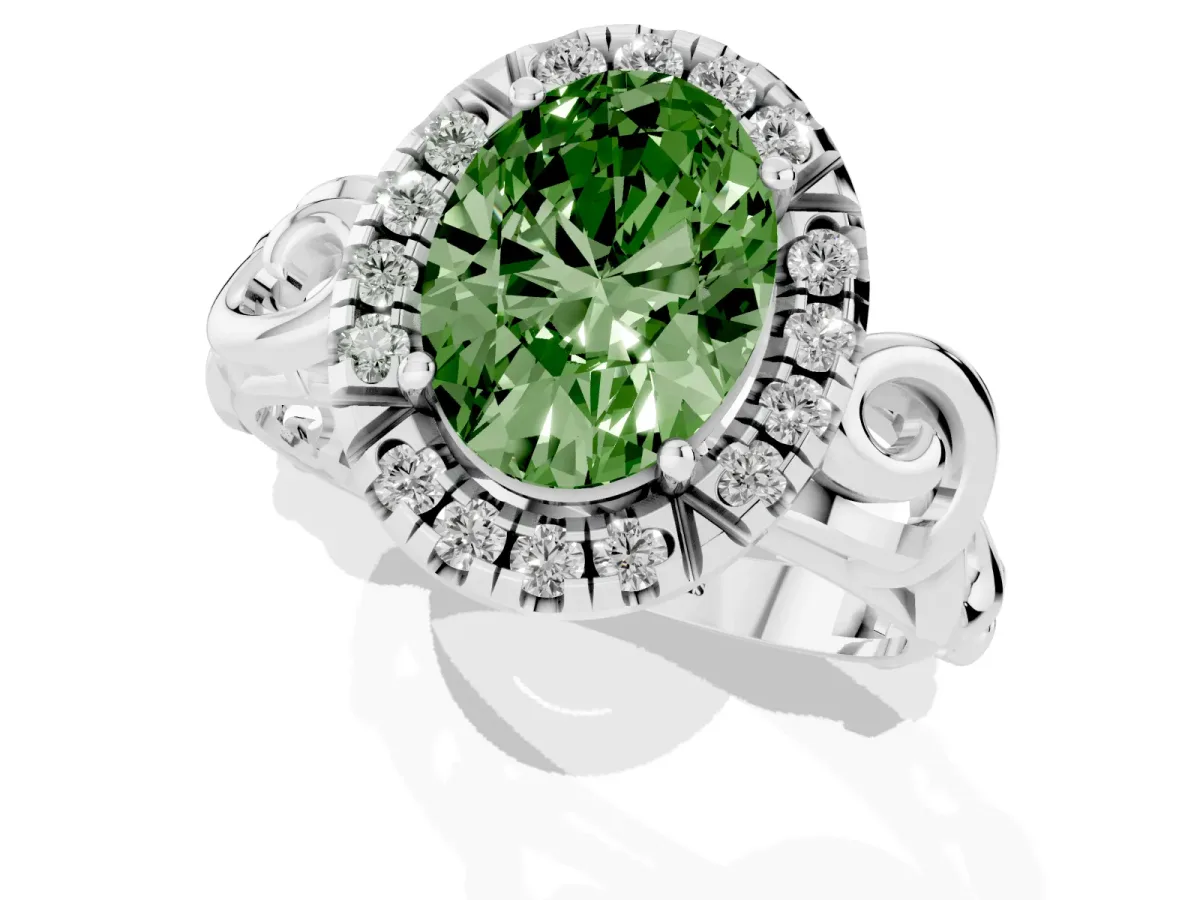 Fancy Green Oval Cut Cut Halo Diamond Ring with Scrollwork Band and Four-Prong Setting Silver