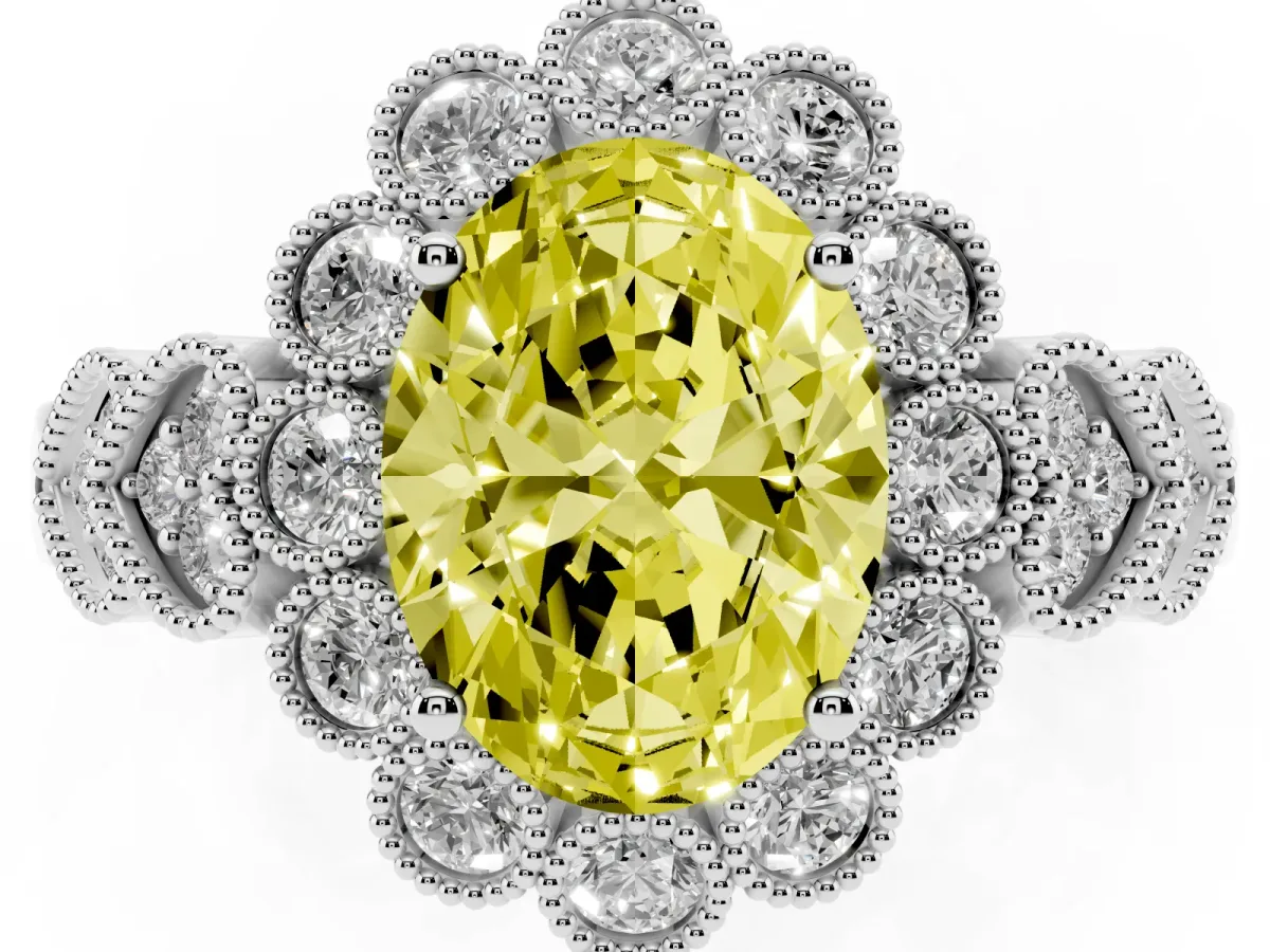 Fancy Yellow Oval Cut Brilliant Milgrain Pave Heart Band Solitaire Ring Silver