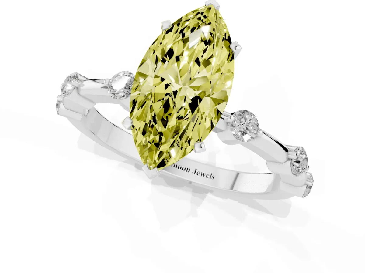 Fancy Yellow Marquise Cut Solitaire Diamond Ring with Bezel Set Side Stones and Prong Setting Silver