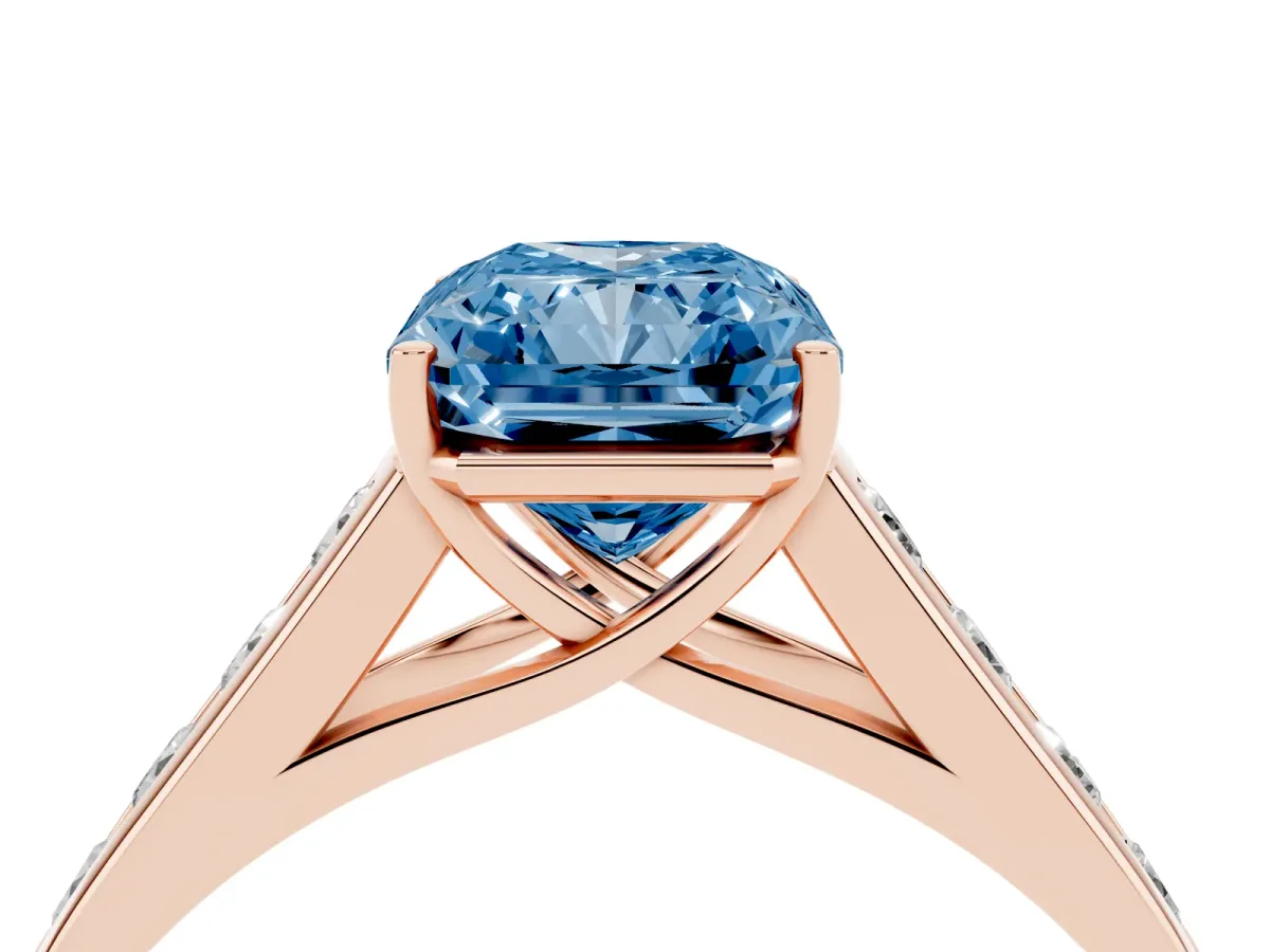 Fancy Blue Radiant Cut Solitaire Channel-Set Diamond Engagement Ring with Four-Prong Setting Rose gold