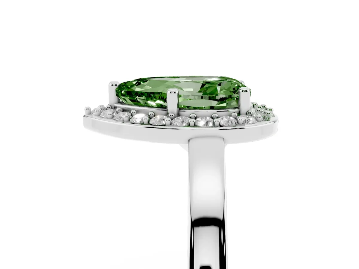 Fancy Green Pear Cut Halo Diamond Ring with Solitaire Band and Prong Setting Silver