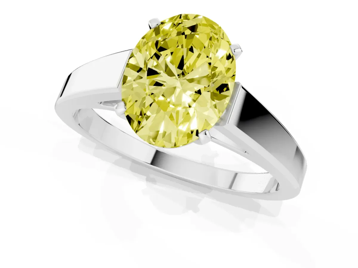 Fancy Yellow Oval Cut Solitaire Engagement Ring with Four-Prong Setting and Tapered Band Platinum
