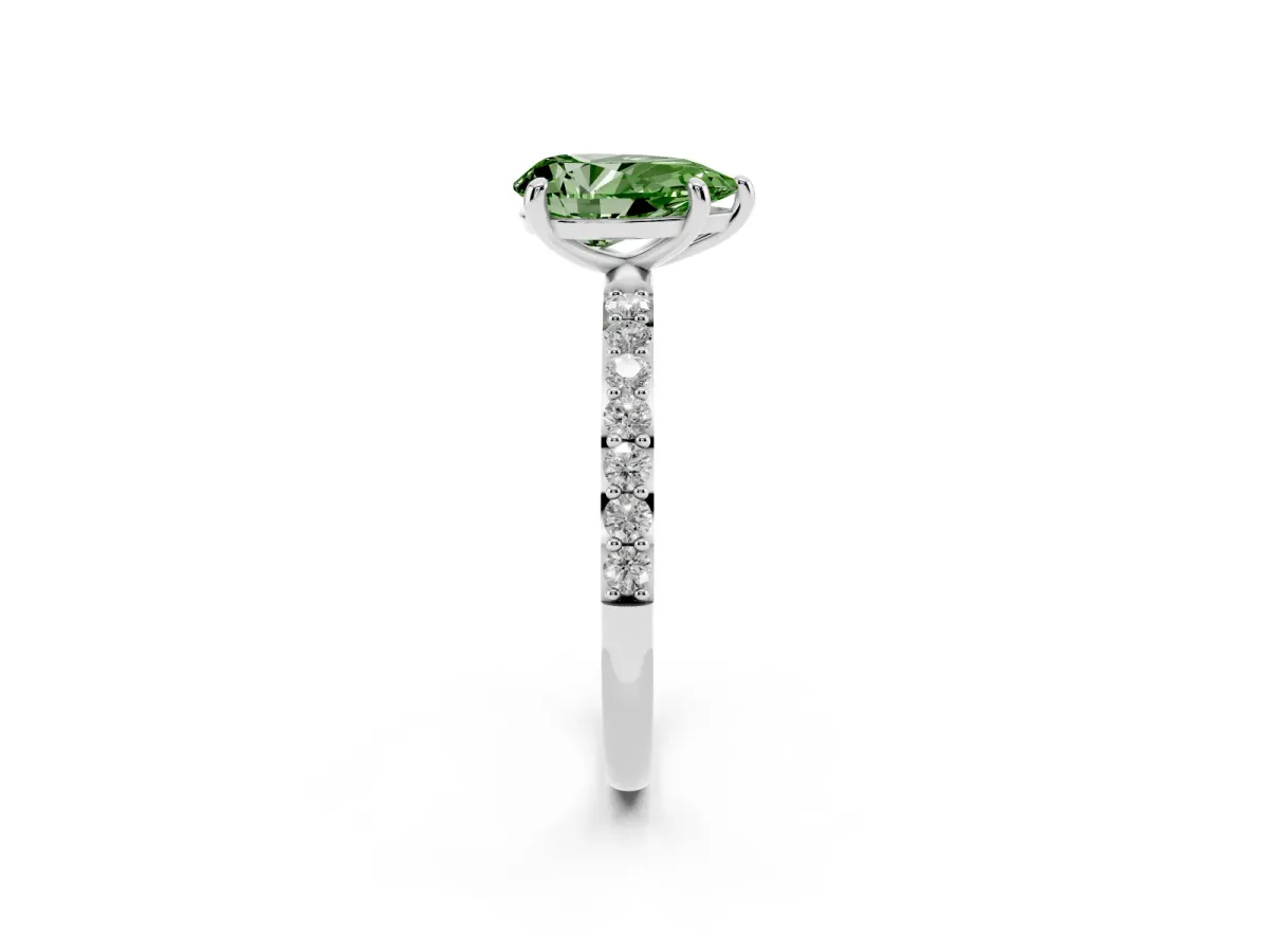 Fancy Green Pear Cut Diamond Solitaire Ring with Round Pavé Band and Prong Setting Platinum