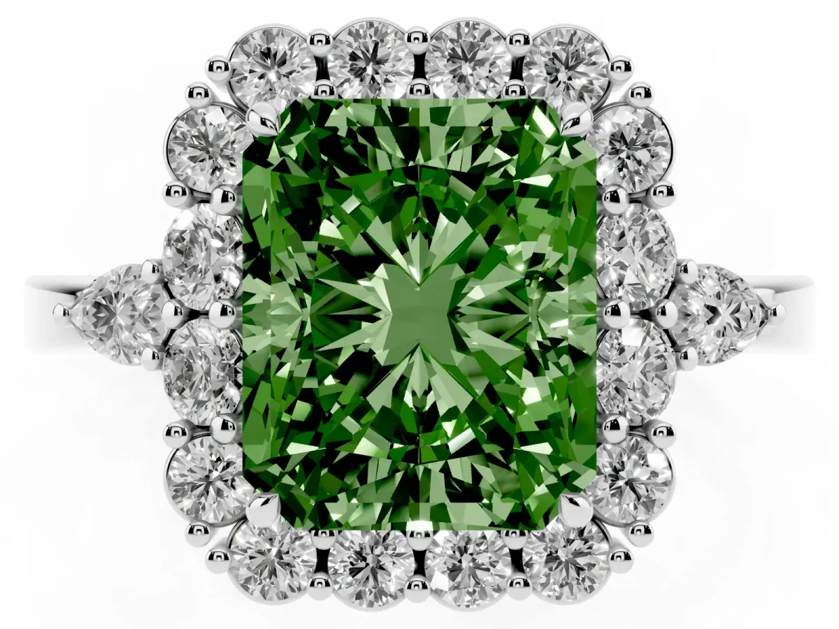 Fancy Green Radiant Cut Diamond Halo Ring with Pear Side Stones and Prong Setting Platinum