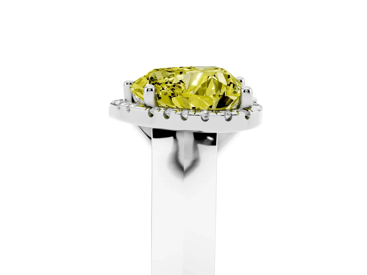 Fancy Yellow Heart Cut Halo Diamond Ring with Cathedral Band and Four-Prong Setting Silver