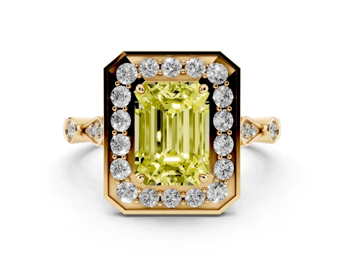 Fancy Yellow Emerald Cut Halo Diamond Engagement Ring with Twisted Band and Four-Prong Setting Yellow gold