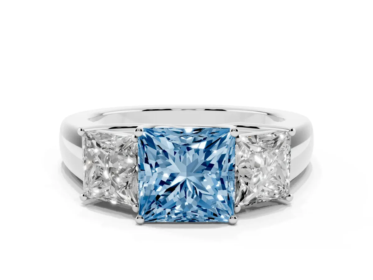 Fancy Blue Three-Stone Princess Cut Cut Diamond Ring with Prong Setting and Classic Band Silver
