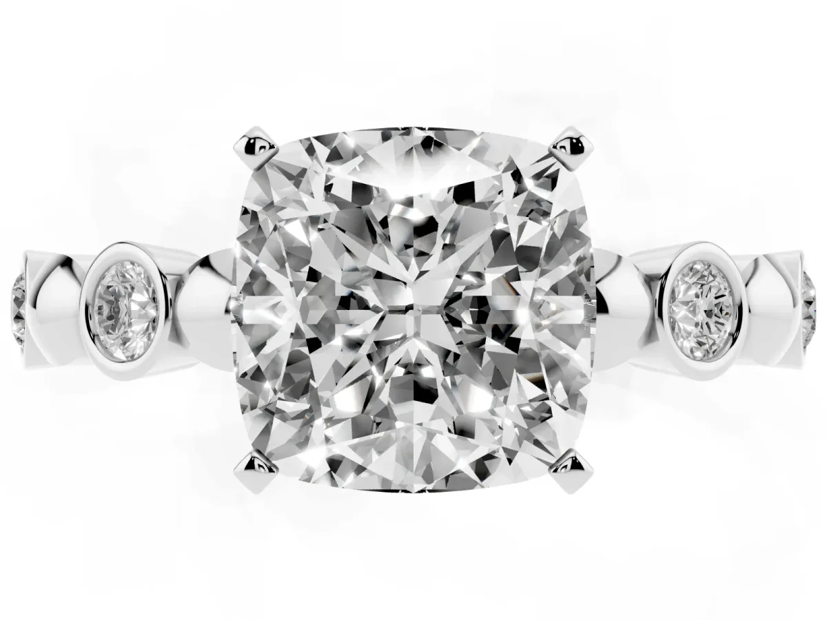 Cushion Cut Solitaire Bezel-Set Diamond Ring with Beaded Band and Four-Prong Setting Silver