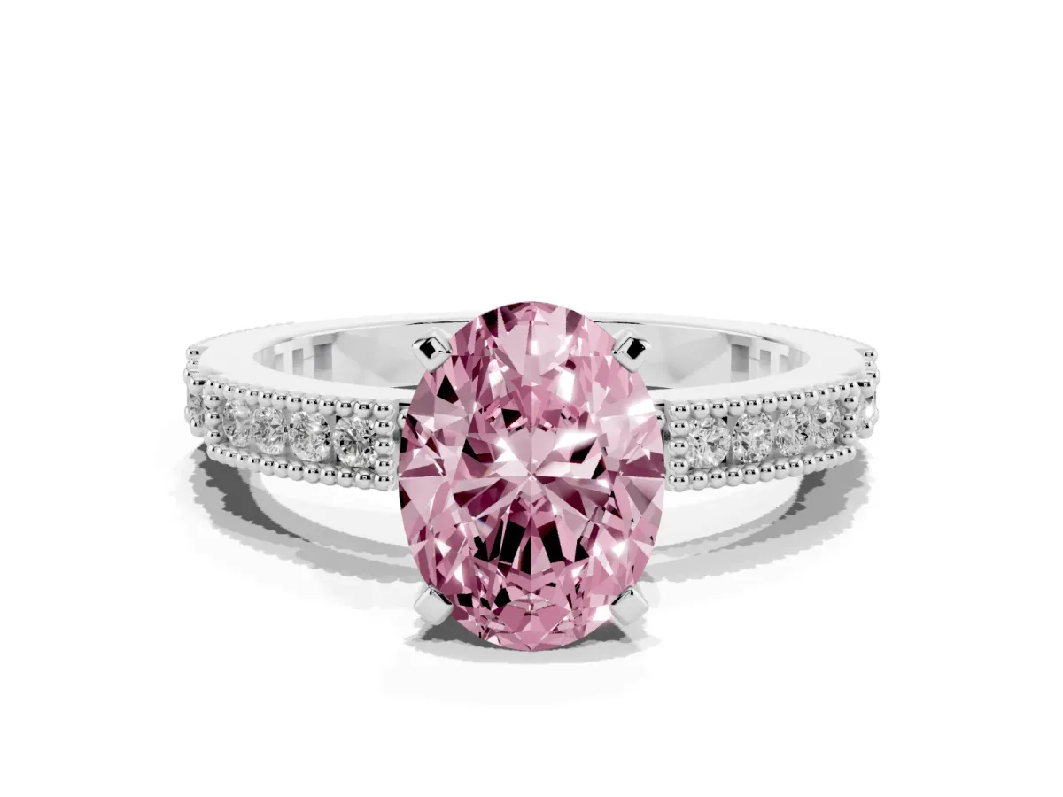 Fancy Pink Oval Cut Solitaire with Pavé Band and Four-Prong Setting Silver