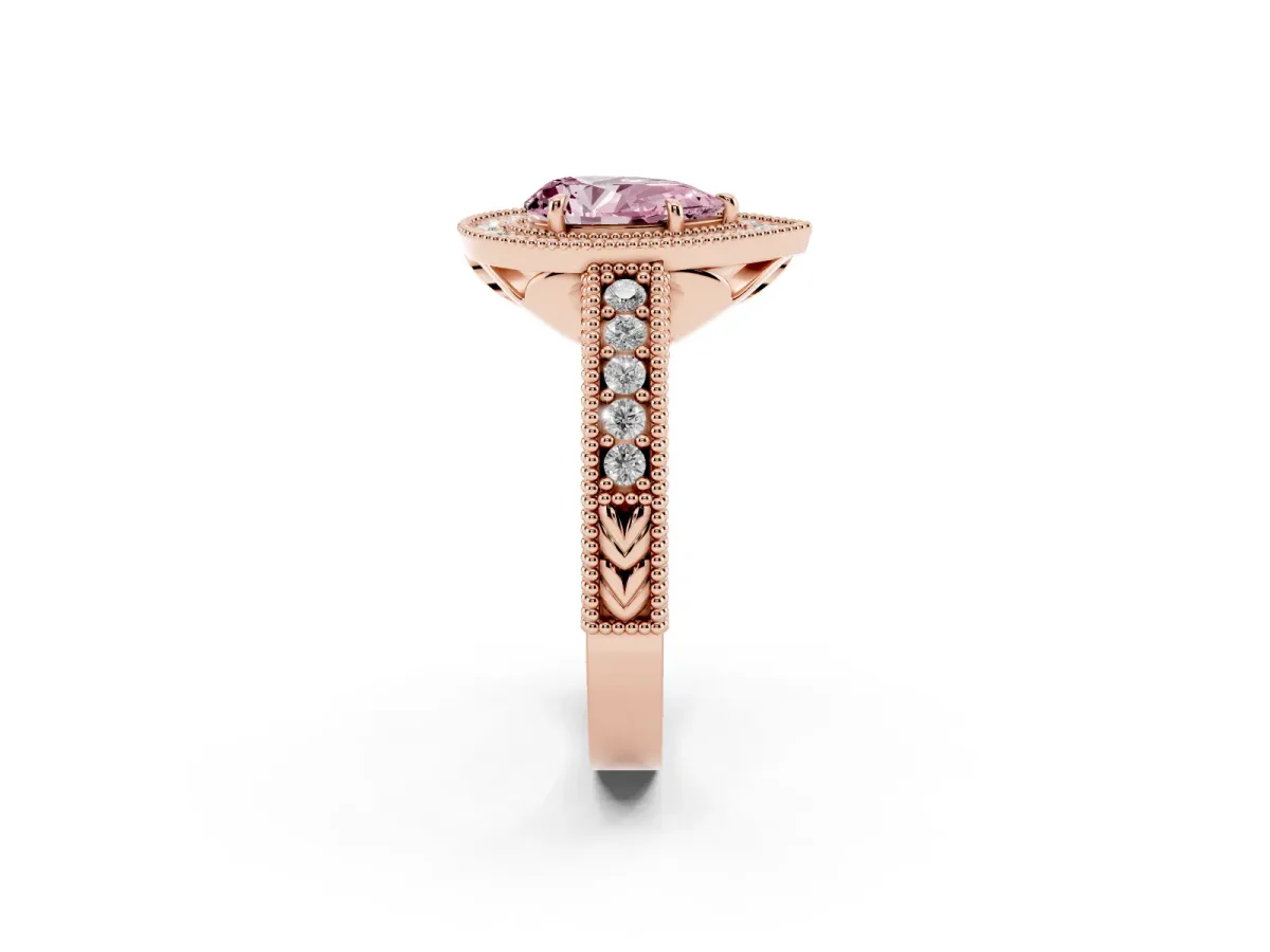 Fancy Pink Pear Cut Cut Halo Diamond Ring with Pavé Band and Four-Prong Setting Rose gold
