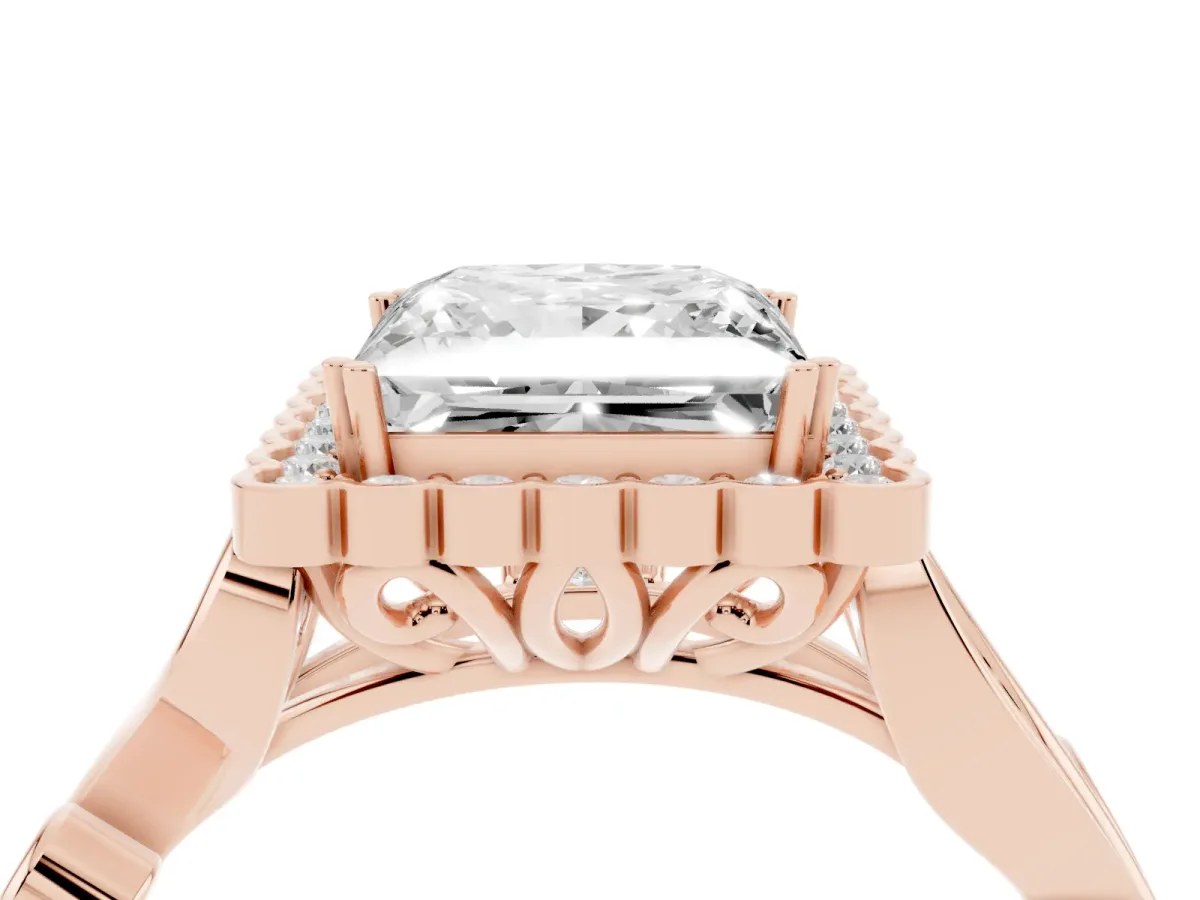 Princess Cut Diamond Halo Ring with Vintage Split Shank and Four-Prong Setting Rose gold