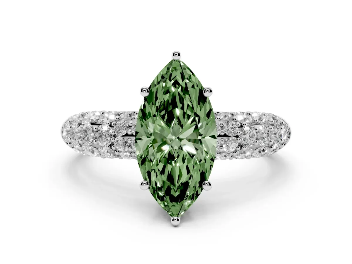 Fancy Green Marquise Cut Diamond Pavé Band Solitaire Ring with Four-Prong Setting Silver