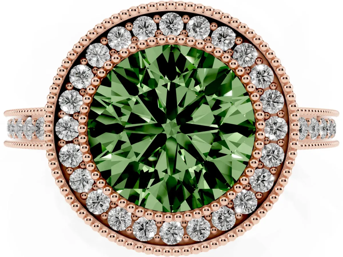 Fancy Green Round Cut Cut Halo Diamond Ring with Pavé Band and Milgrain Prong Setting Rose gold