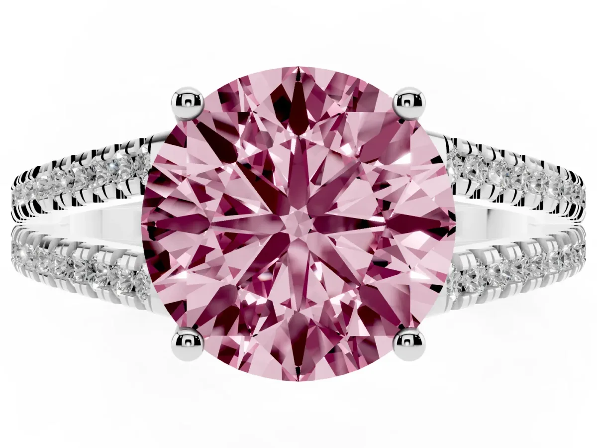 Fancy Pink Round Cut Diamond Solitaire Engagement Ring with Split Shank Pavé Band Platinum