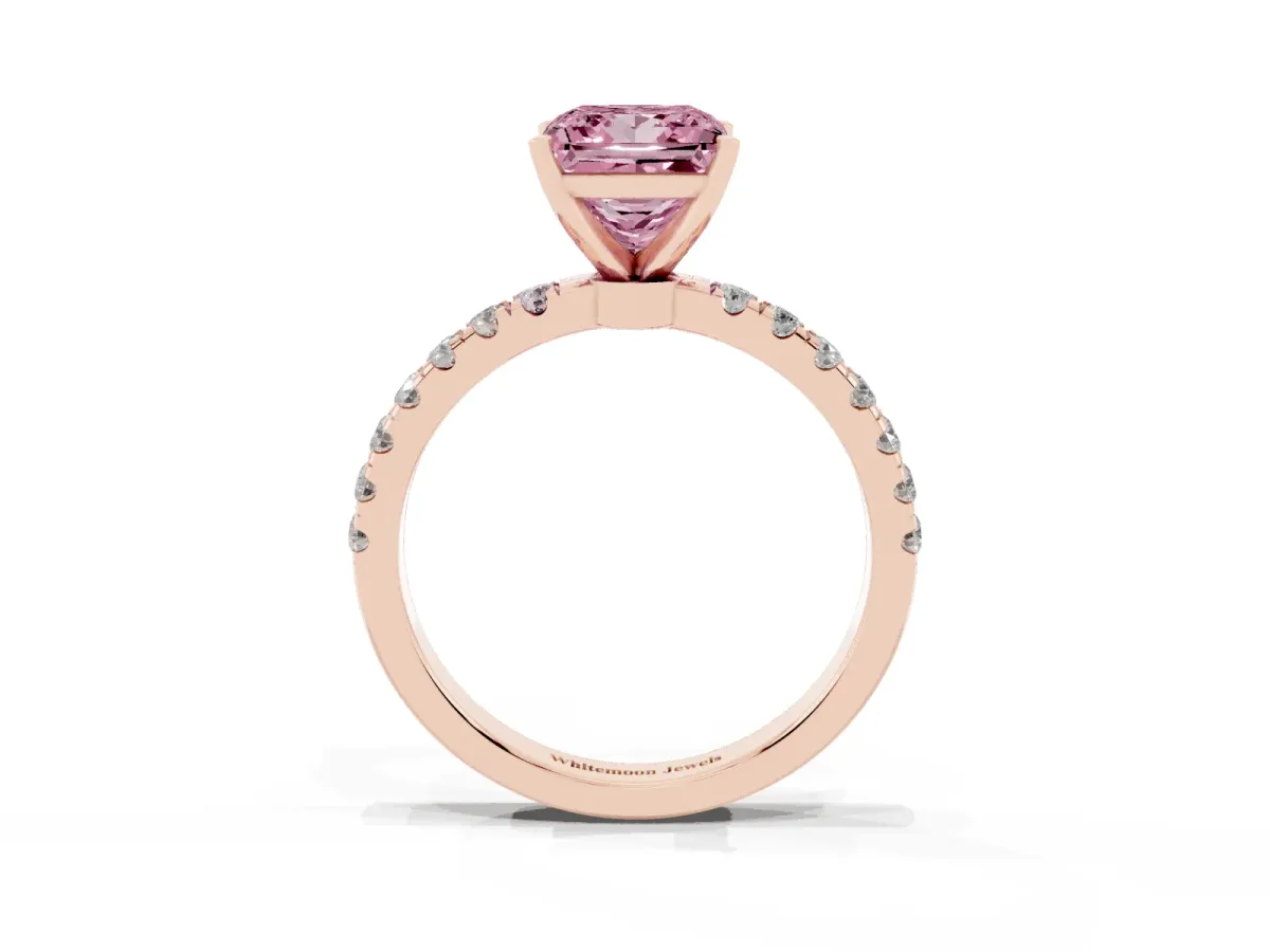 Fancy Pink Princess Cut Diamond Solitaire Ring with Pavé Accents and Four-Prong Setting Rose gold