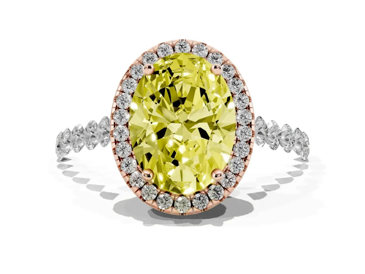 Fancy Yellow Oval Cut Halo Pavé Diamond Engagement Ring with Four-Prong Setting Rose gold