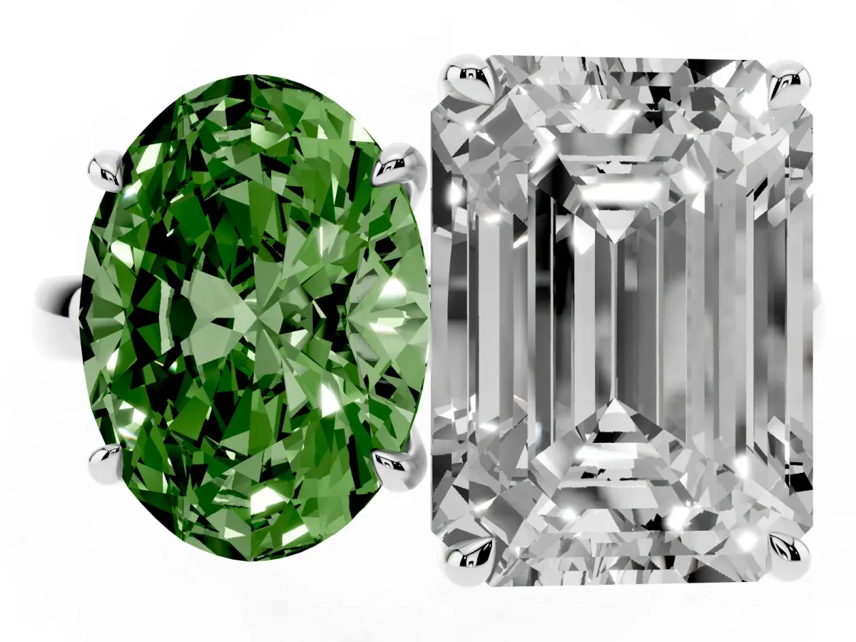 Fancy Green Oval Cut and Emerald Cut Toi Moi Ring with Prong Setting Platinum