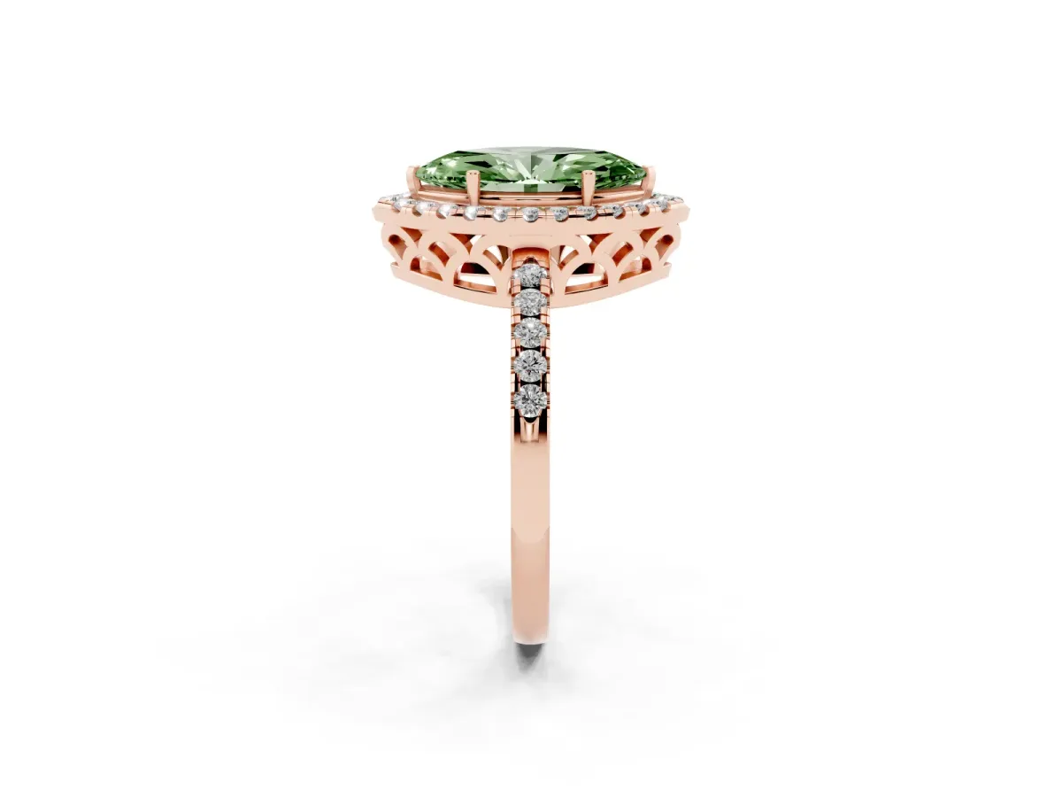 Fancy Green Marquise Cut Halo Diamond Engagement Ring with Pavé Band and Four-Prong Setting Rose gold