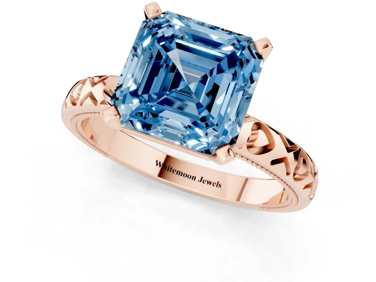 Fancy Blue Asscher Cut Solitaire Diamond Engagement Ring with XO Engraved Band and Four-Prong Setting Rose gold