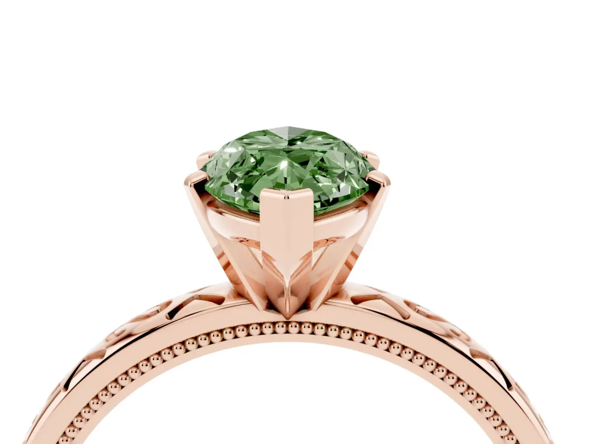 Fancy Green Marquise Cut Solitaire Engagement Ring with Scrollwork Band and Four-Prong Setting Rose gold