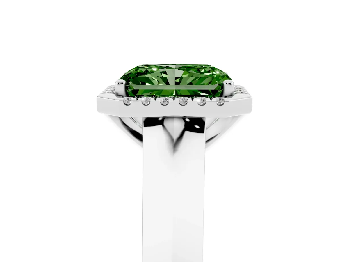 Fancy Green Radiant Cut Halo Diamond Ring with Cathedral Band and Four-Prong Setting White gold