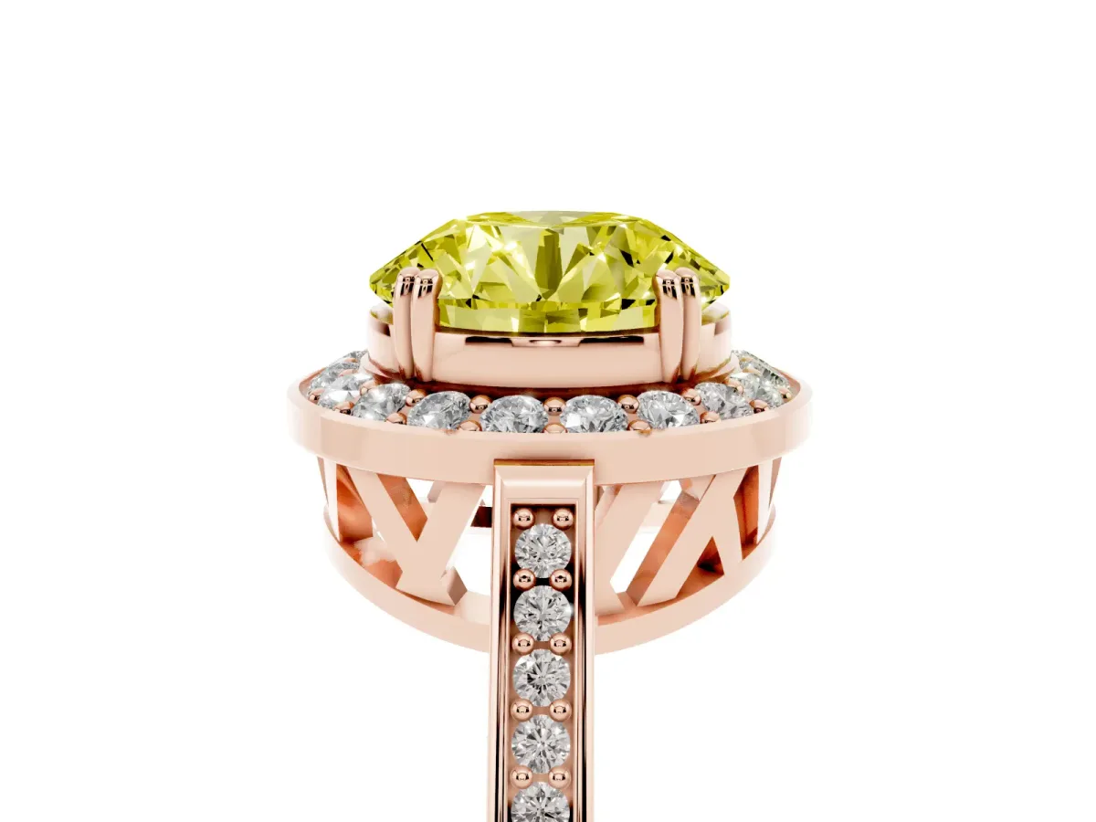 Fancy Yellow Round Cut Diamond Halo Ring with Split Shank and Four-Prong Setting Rose gold