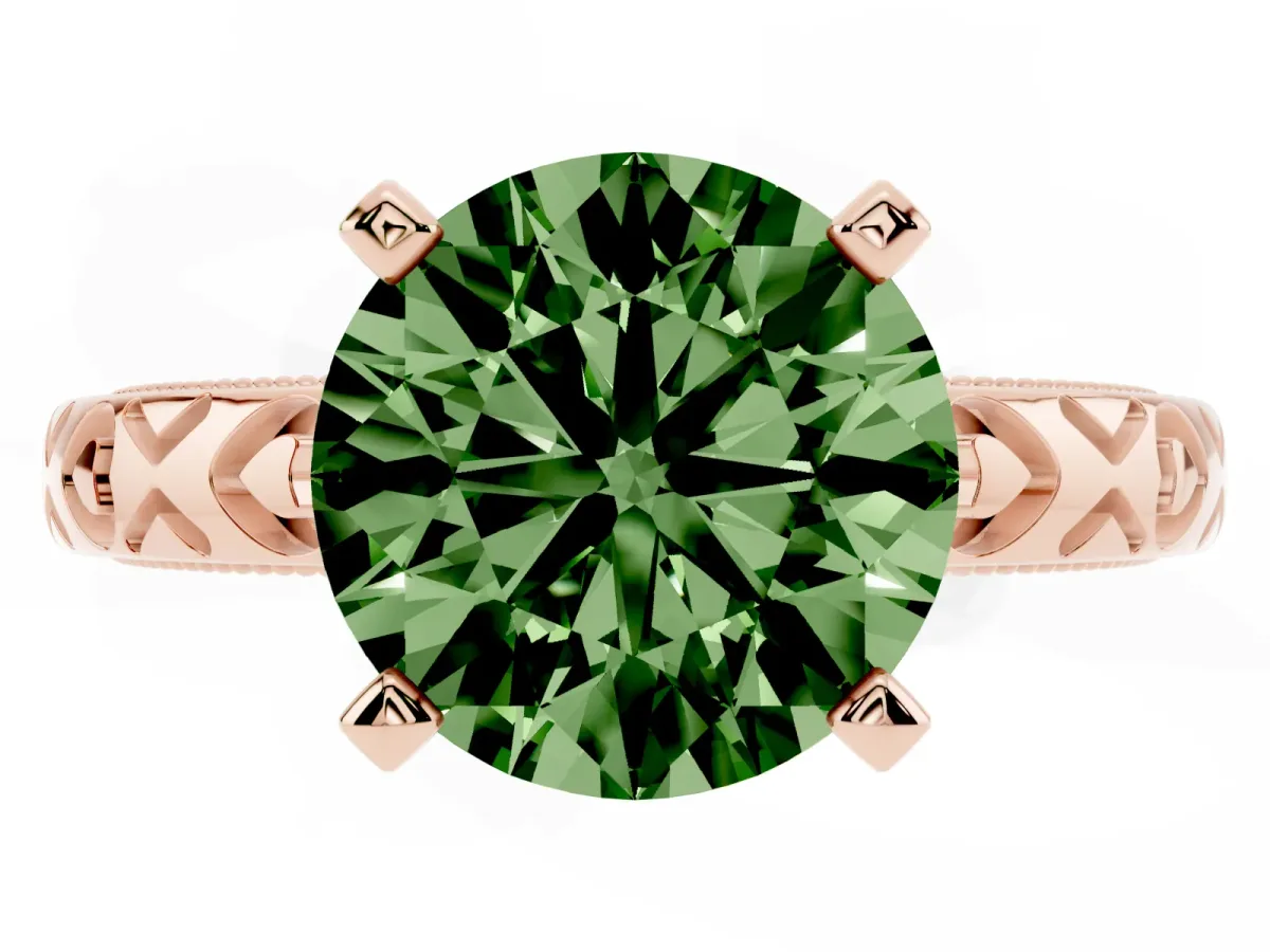 Fancy Green Round Cut Solitaire Diamond Engagement Ring with XO Engraved Band and Four-Prong Setting Rose gold