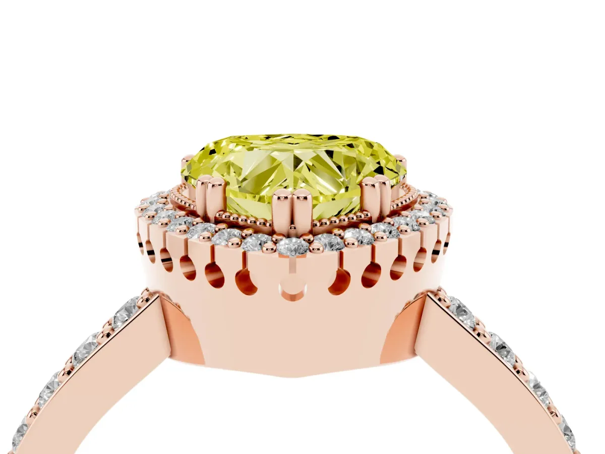 Fancy Yellow Heart Cut Cut Diamond Halo Engagement Ring with Milgrain Detail and Pavé Band Rose gold