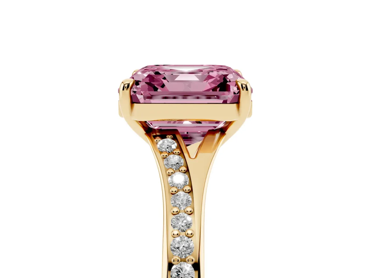 Fancy Pink Asscher Cut Diamond Solitaire Ring with Pavé Band and Prong Setting Yellow gold