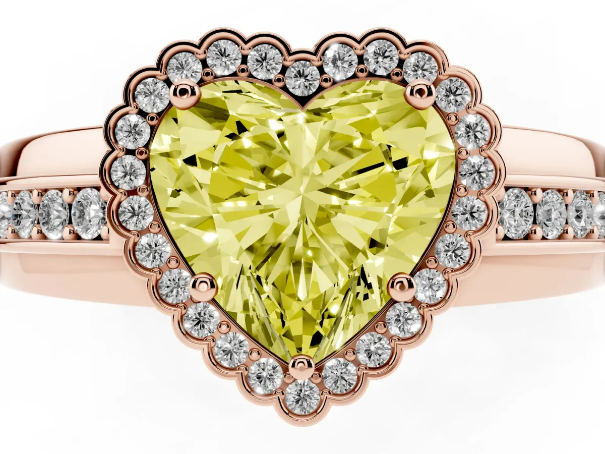 Fancy Yellow Heart Cut Cut Halo Pave Band Four-Prong Ring Rose gold