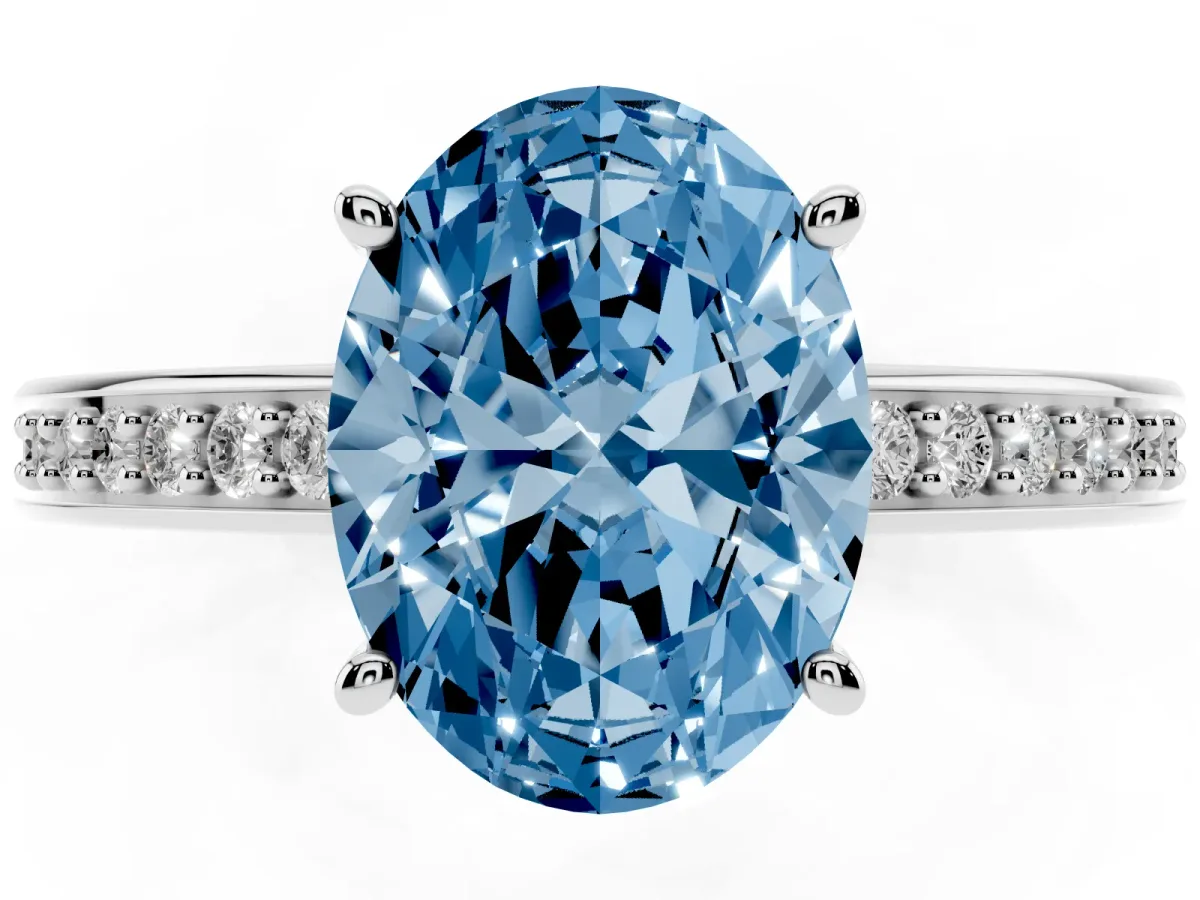 Fancy Blue Oval Cut Solitaire Pavé Band Prong Setting Ring White gold