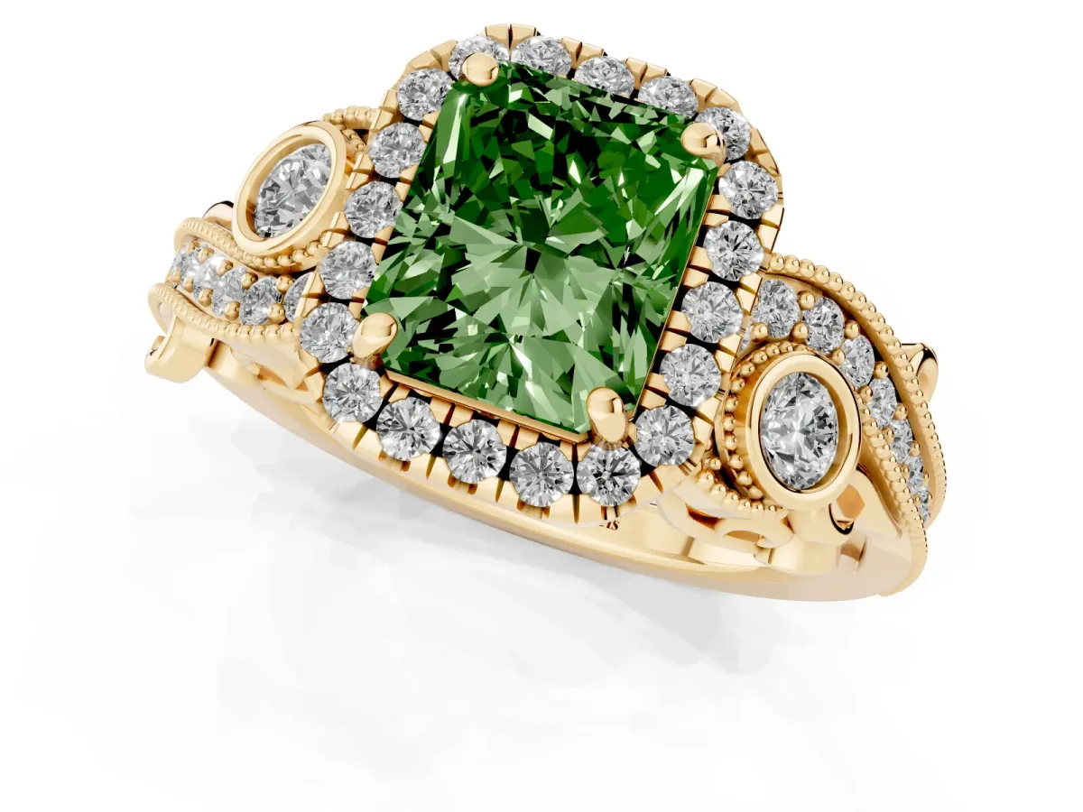 Fancy Green Radiant Cut Diamond Halo Ring with Milgrain Pavé Band and Four-Prong Setting Yellow gold