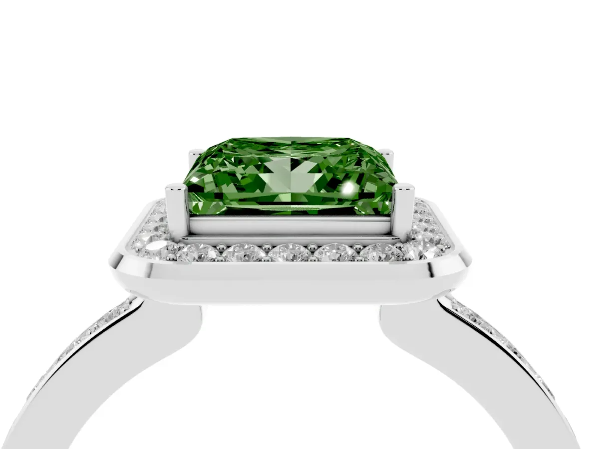 Fancy Green Princess Cut Diamond Halo Ring with Bezel Frame and Pavé Band White gold