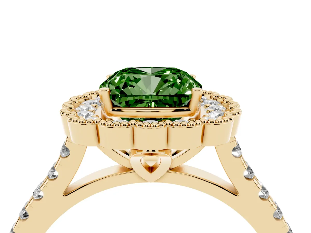 Fancy Green Cushion Cut Cut Diamond Milgrain Floral Halo Engagement Ring with Pavé Band Yellow gold